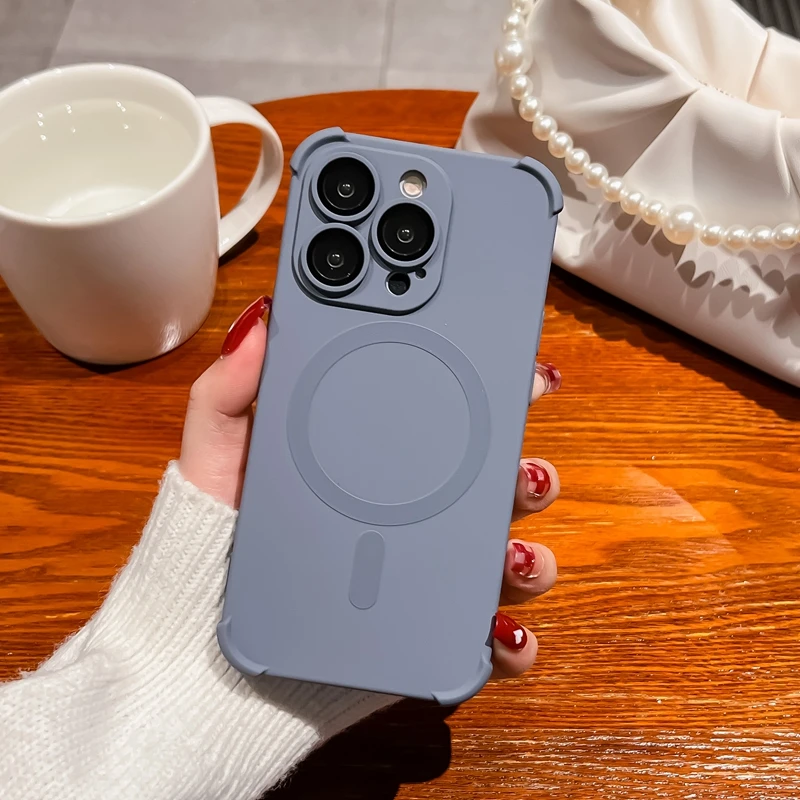 Silicone Shockproof Soft Case For iPhone 14 13 12 15 Pro Max Plus For Magsafe Wireless Charge Matte Lens Protection Cases Cover