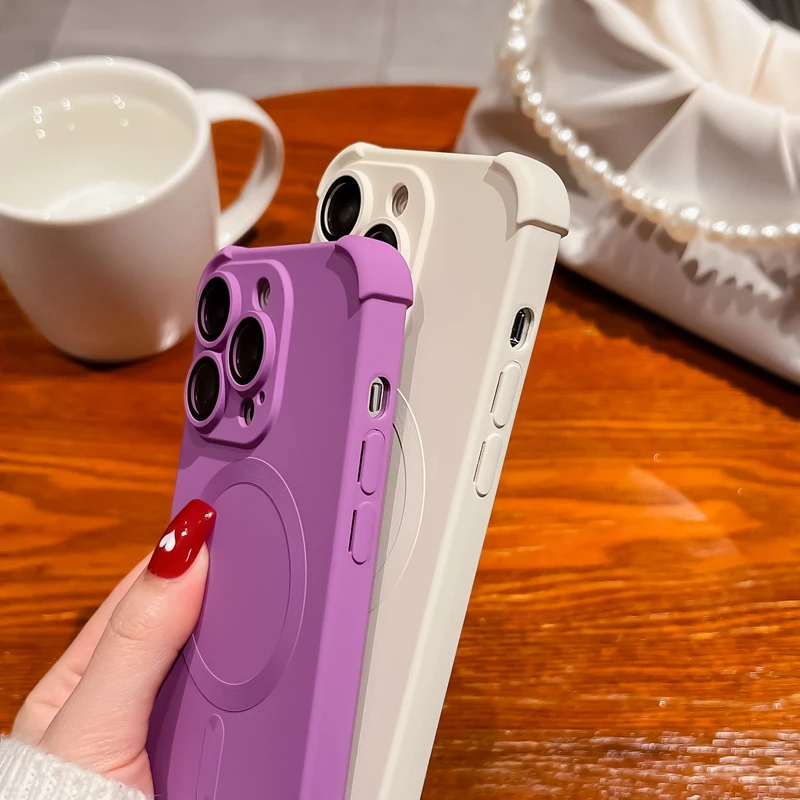 Silicone Shockproof Soft Case For iPhone 14 13 12 15 Pro Max Plus For Magsafe Wireless Charge Matte Lens Protection Cases Cover