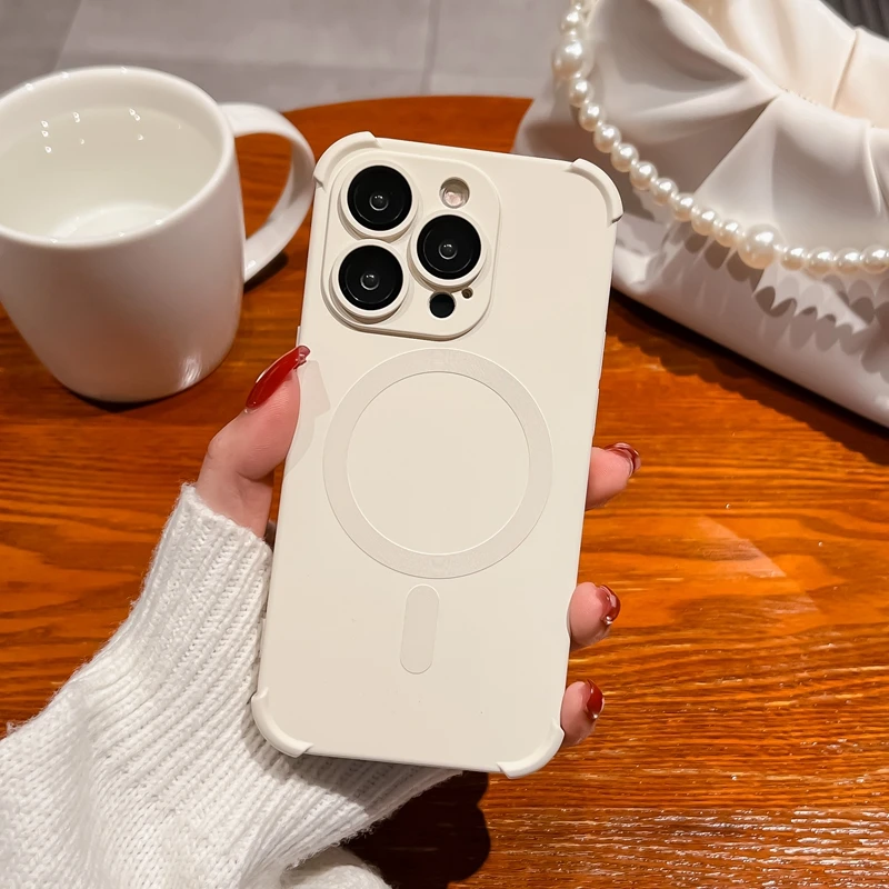 Silicone Shockproof Soft Case For iPhone 14 13 12 15 Pro Max Plus For Magsafe Wireless Charge Matte Lens Protection Cases Cover