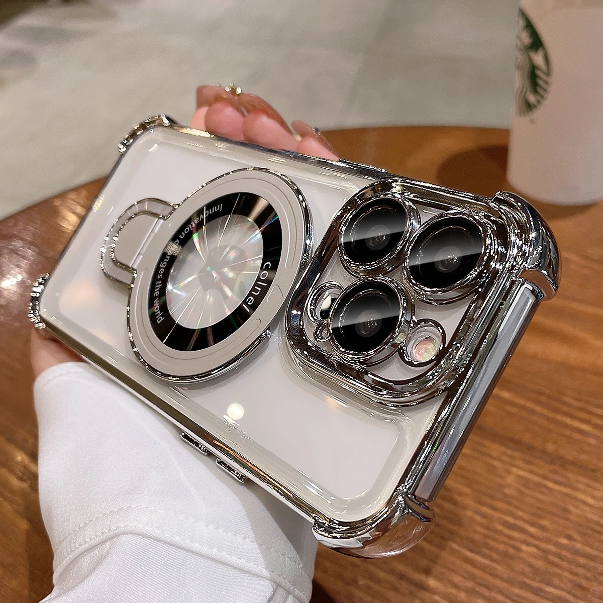 For iPhone 15 Pro Max Bracket Magsafe Case Luxury Transparent Plating Airbag Magnetic Cover for iPhone 11 12 13 14 Pro Max Plus