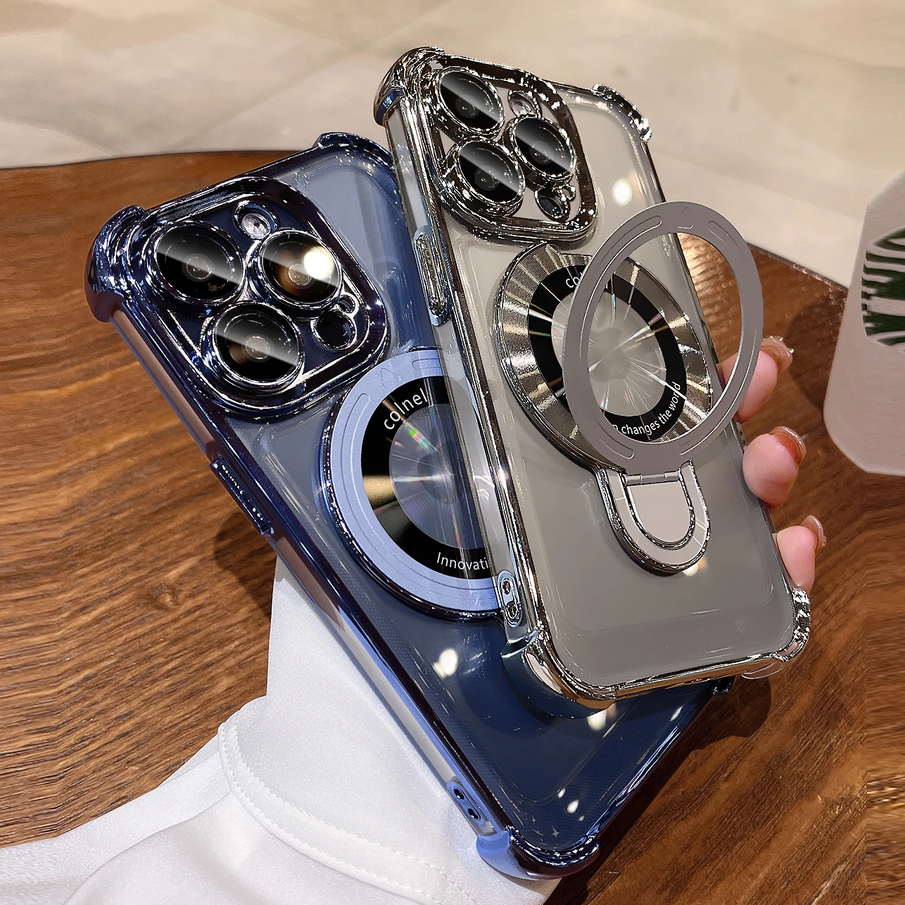 For iPhone 15 Pro Max Bracket Magsafe Case Luxury Transparent Plating Airbag Magnetic Cover for iPhone 11 12 13 14 Pro Max Plus