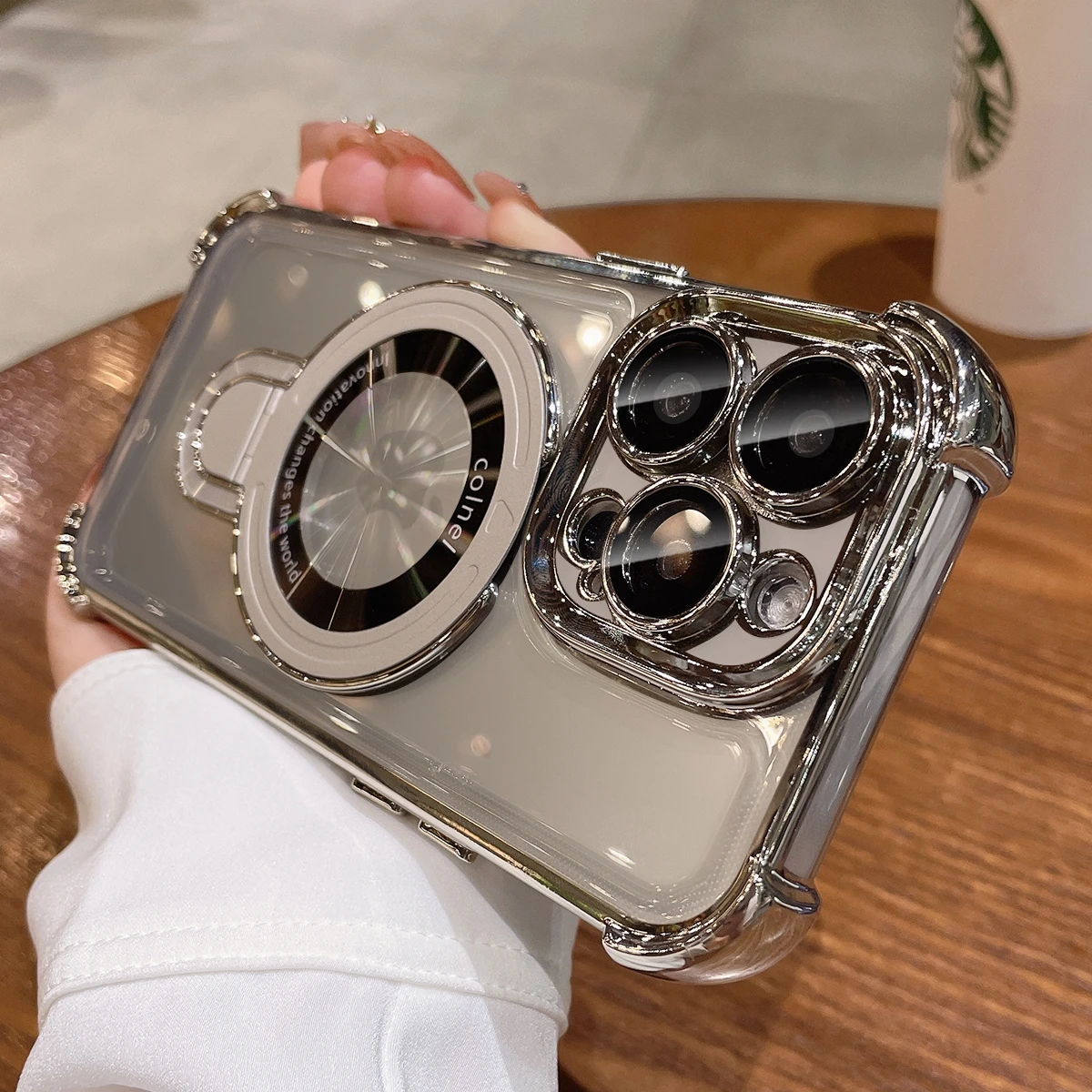 For iPhone 15 Pro Max Bracket Magsafe Case Luxury Transparent Plating Airbag Magnetic Cover for iPhone 11 12 13 14 Pro Max Plus