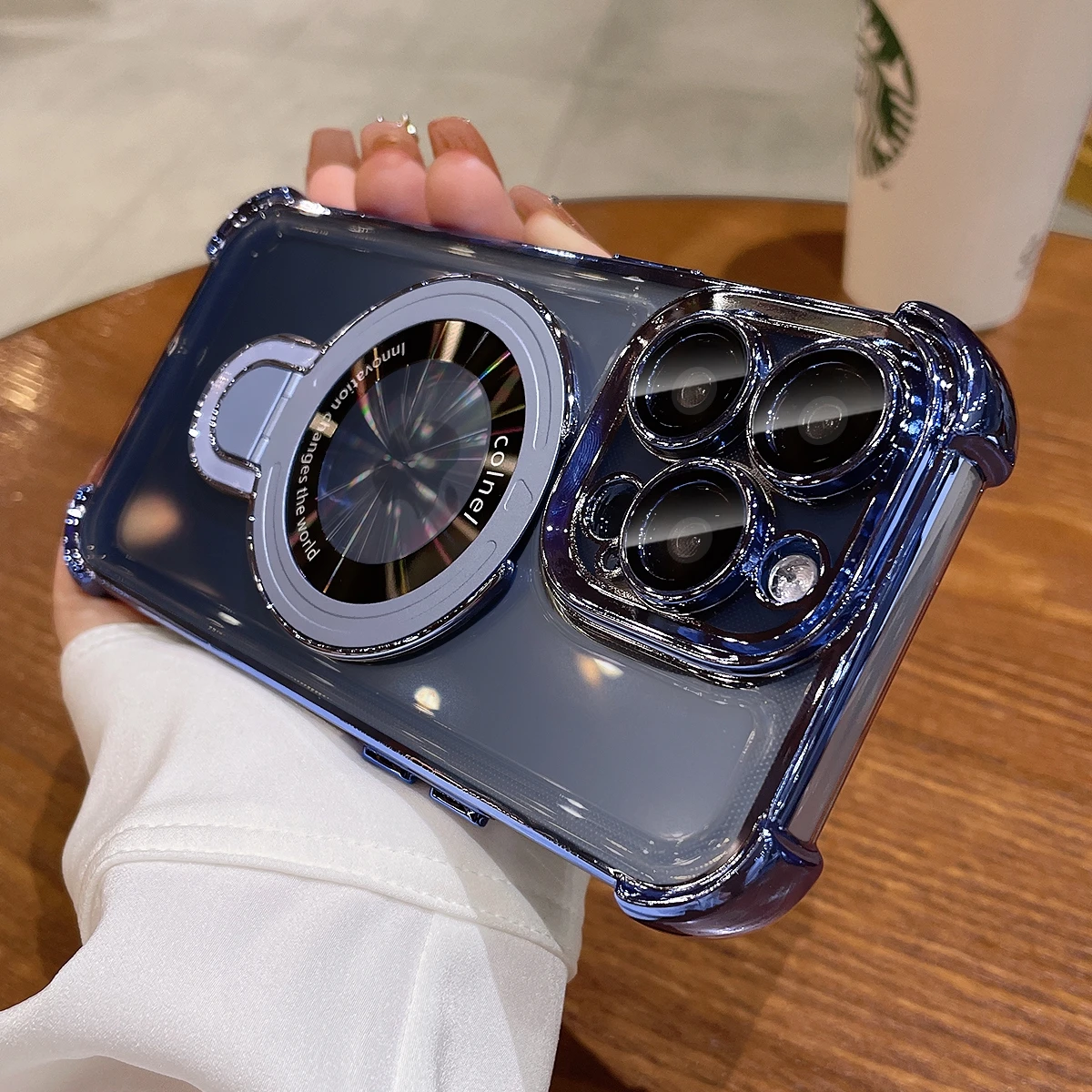 For iPhone 15 Pro Max Bracket Magsafe Case Luxury Transparent Plating Airbag Magnetic Cover for iPhone 11 12 13 14 Pro Max Plus