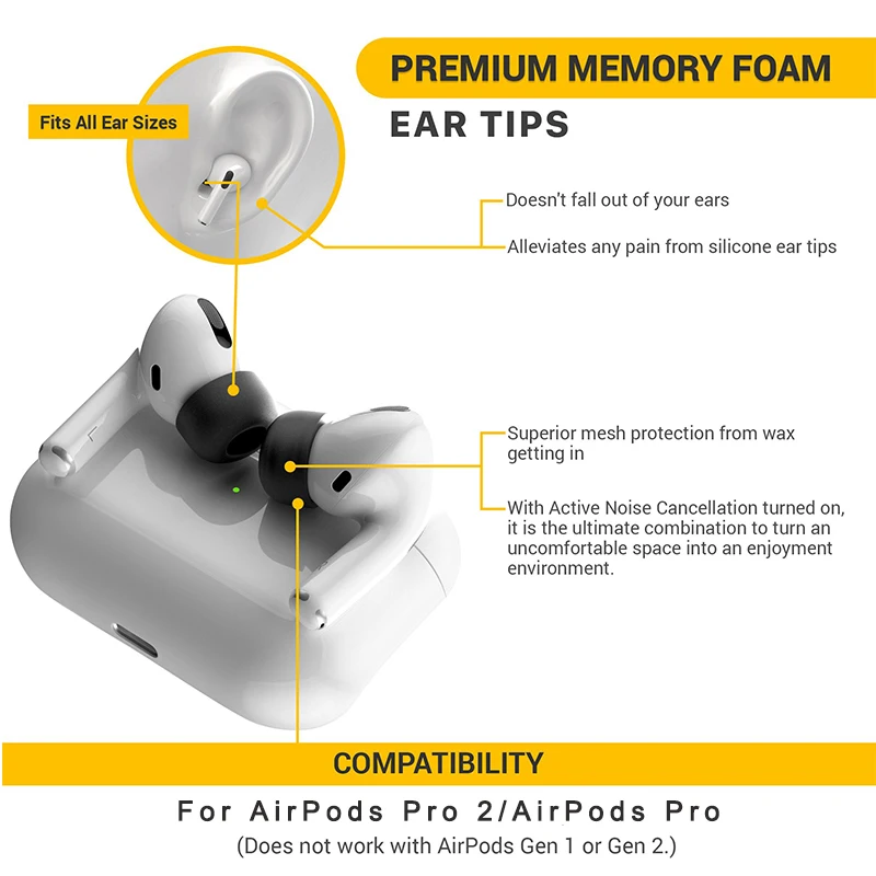 For Apple AirPods Pro 2 Ear Tips Memory Foam Tips Anti Slip Earbuds Ear Cushion Replacement Earphone Ear pads Small Medium Large